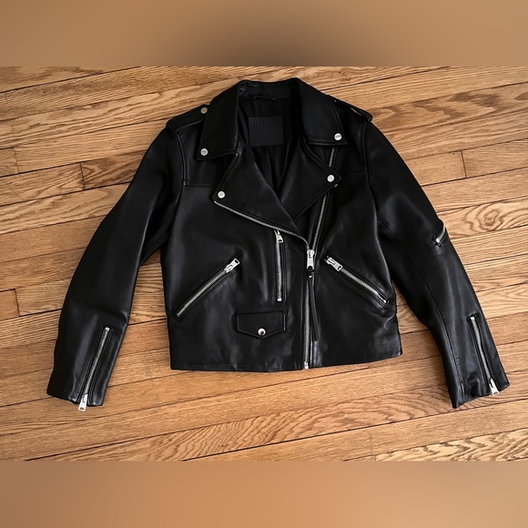AllSaints Darnley Black Leather Biker Jacket US 10 - Picture 4 of 14